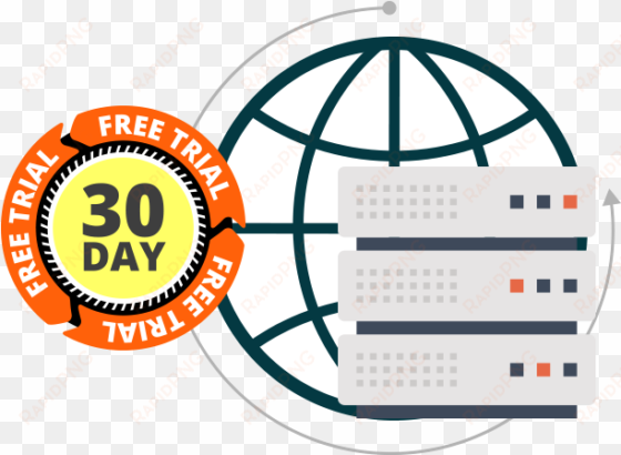 30 day free trial available for hosting accounts - blue globe icon