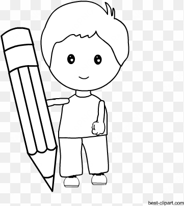 black and white, boy holding a pencil clip art - free content