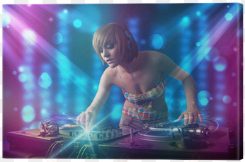 dj girl mixing music in a club with blue and purple - audio mixing