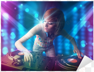 dj girl mixing music in a club with blue and purple - music