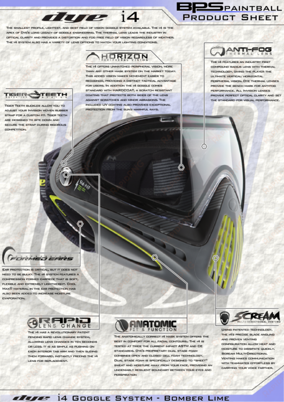 dye i4 paintball goggle mask product sheet - 2014 dye invision goggle i4 pro mask - bomber lime
