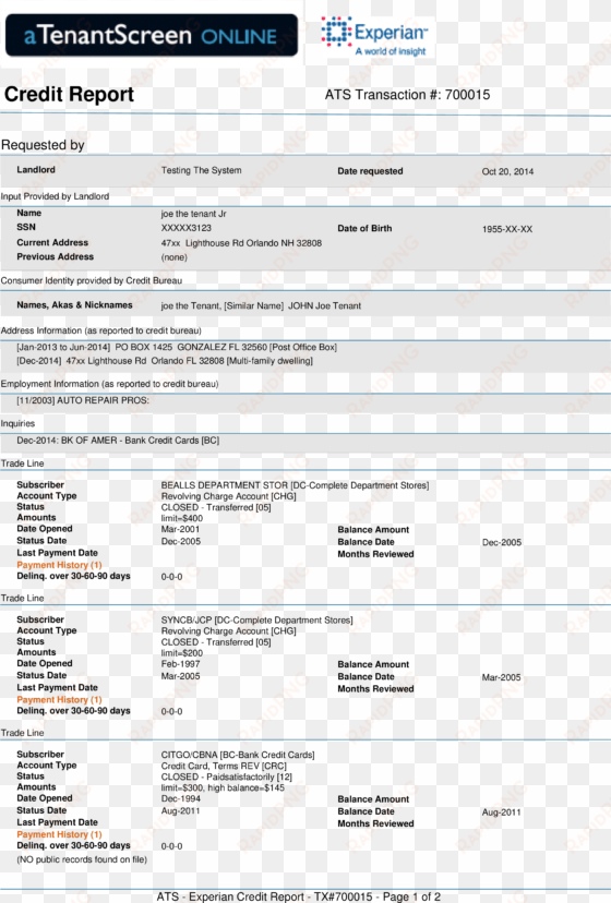 experian credit report - transunion credit sample