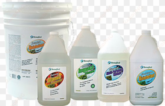 four white gallons and one containers use for cleaning - benefect atomic fire & soot degreaser - 4 gallon