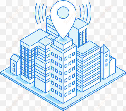illustration of business buildings and map marker broadcasting - illustration