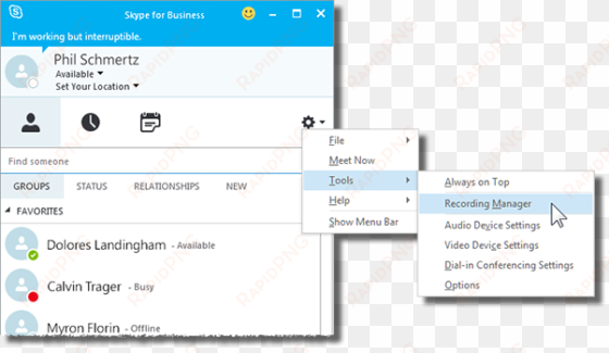 in the main skype for business window, click the downward-facing - record in skype for business