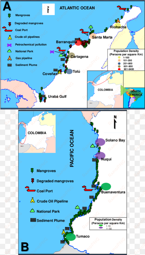 map of colombian coasts showing strategic locations - map