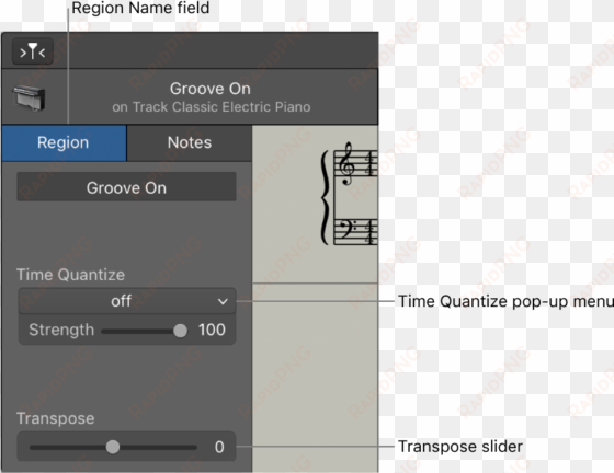 score editor inspector in region mode, showing controls - sheet music