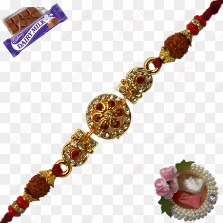 traditional gold round rakhdi with rudraksha and bead - cadbury dairy milk chocolate bars, 12-count