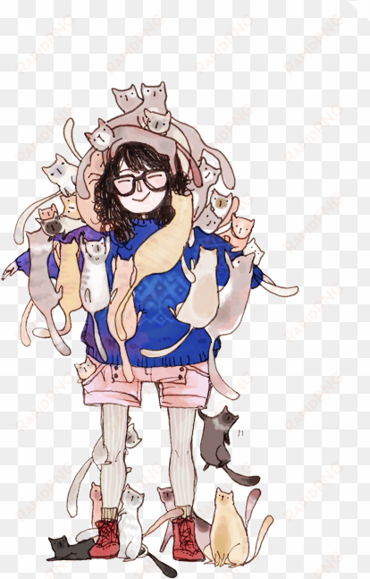 transparent cat tumblr download - girl with cats drawing