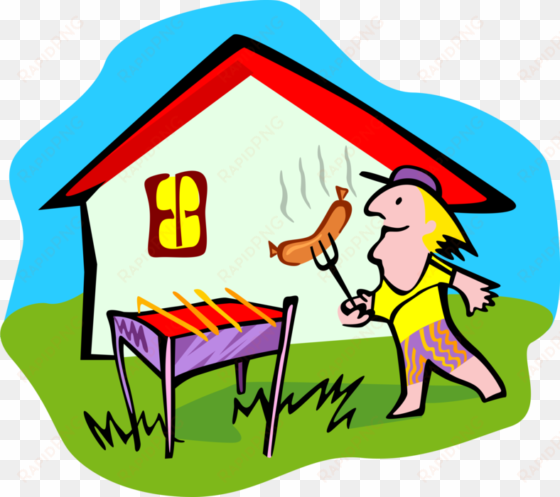 vector illustration of outdoor chef cooks hotdog on - barbecue